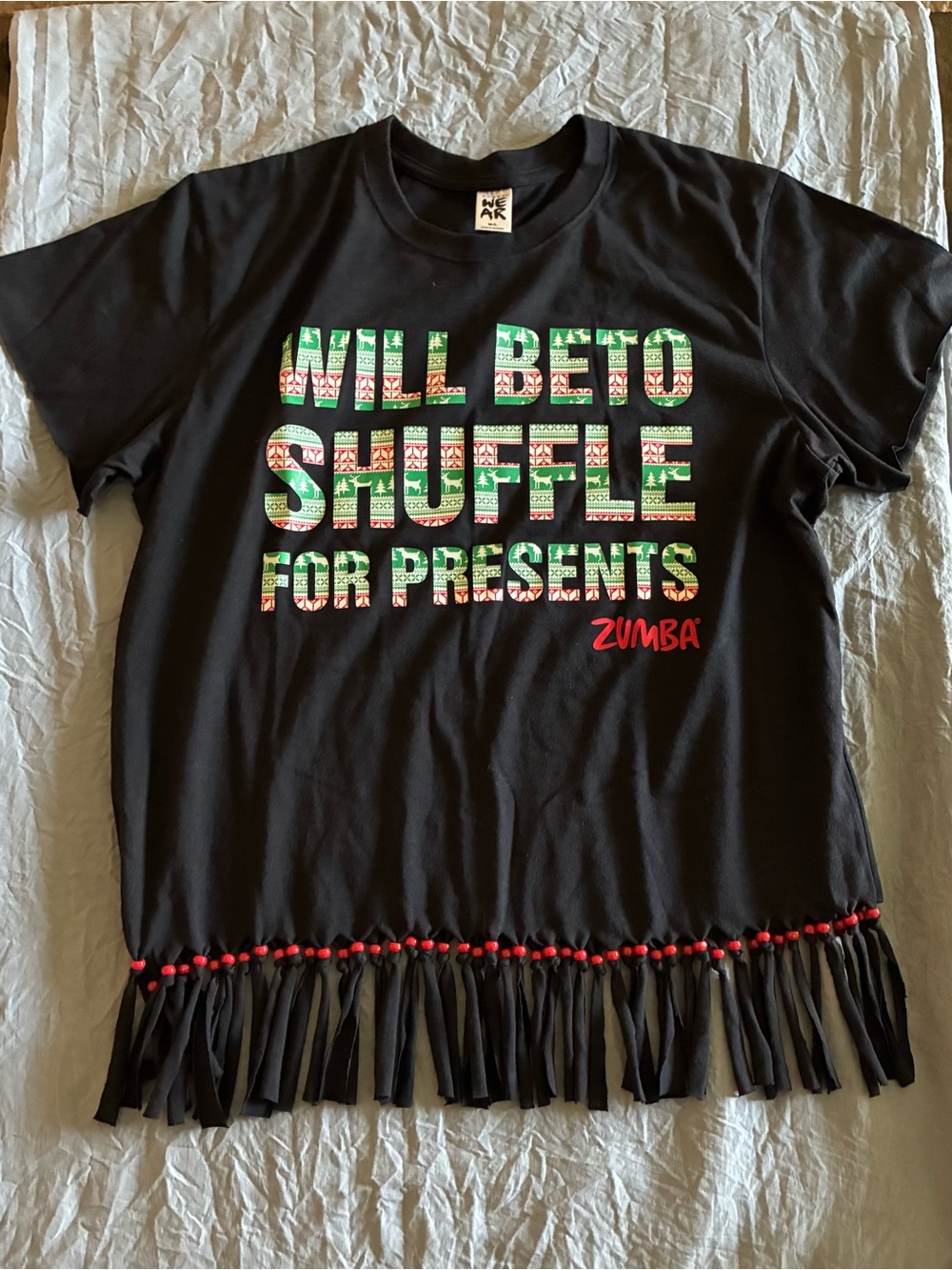 Zumba  Black Fringe Tee with Festive Green & Red Print